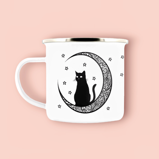 Celestial Moon Black Cat Enamel Mug