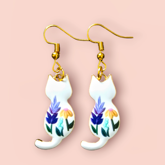 White Floral Cat Earrings