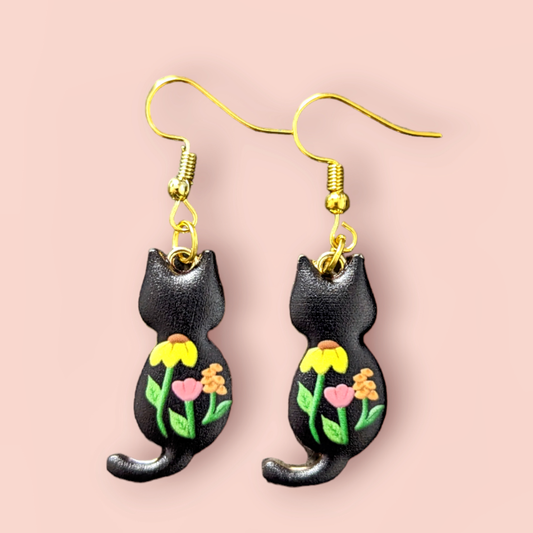 Black Floral Cat Earrings