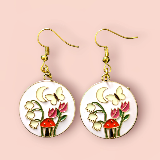 Mushroom Flower Garden Earrings - pink