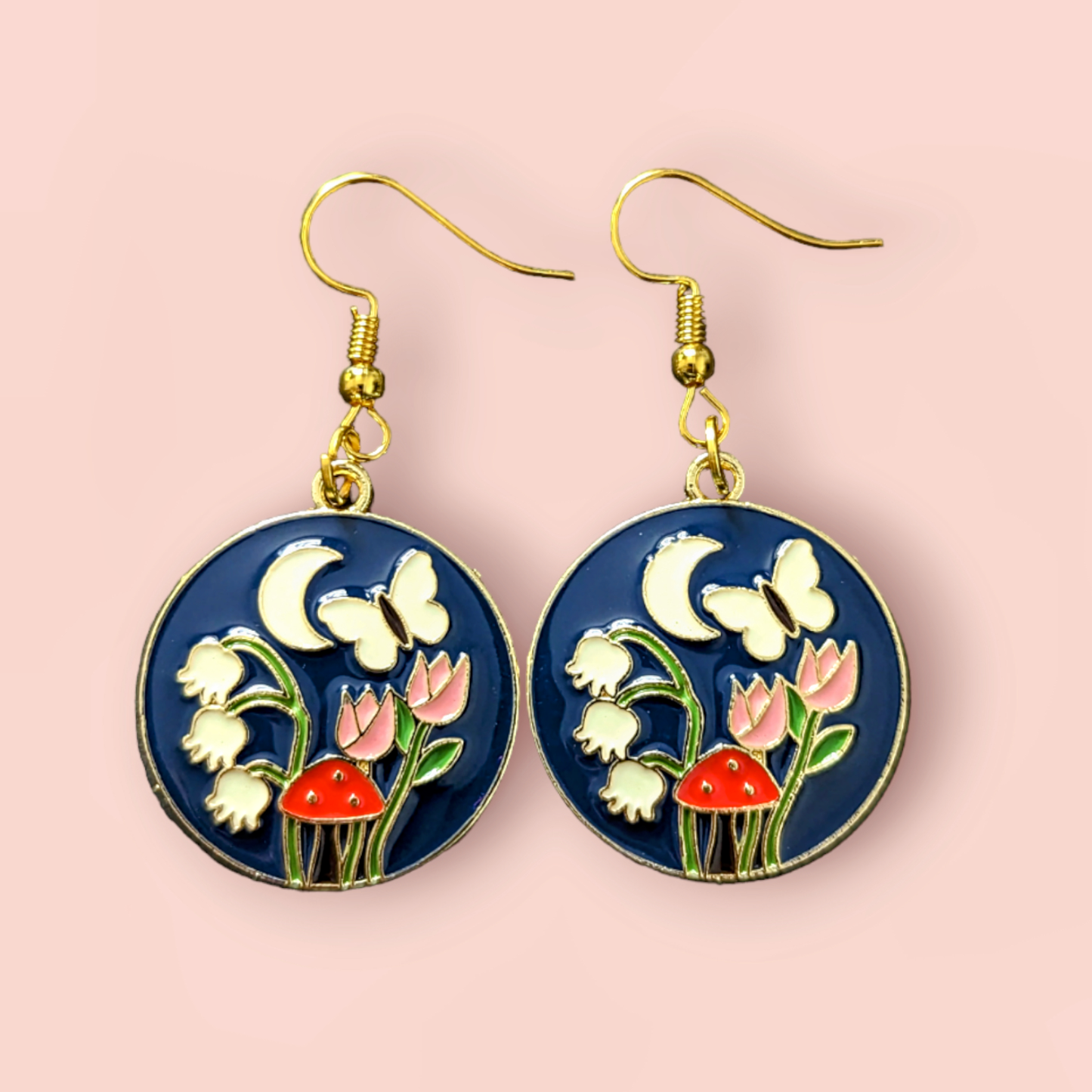 Mushroom Flower Garden Earrings - navy