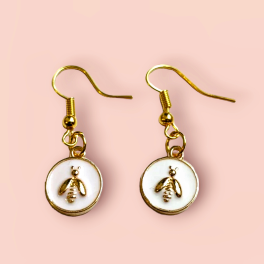 Bee Disk Hook Earrings - white