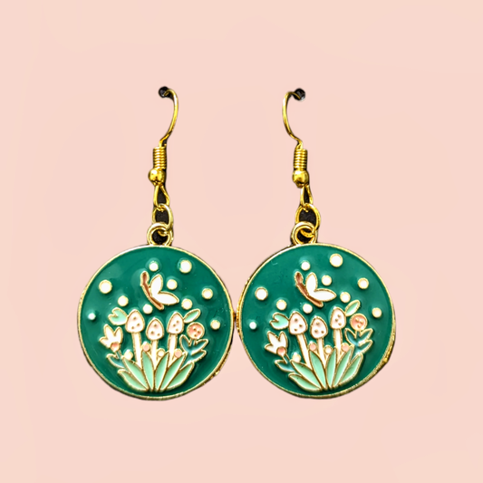 Mushroom Flower Garden Earrings - teal